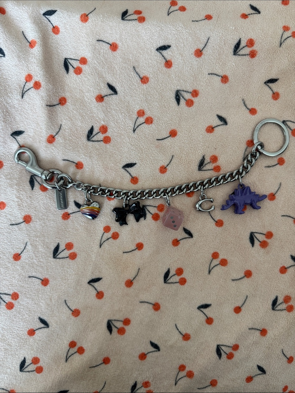 Coach Silver Charm with Multicolor Heart, Black Bat, Purple Dino, Pink Dice